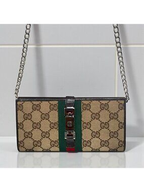 Gucci GG Canvas & Leather Web-stripe Wallet-On-Chain Crossbody Brown Tan Green
